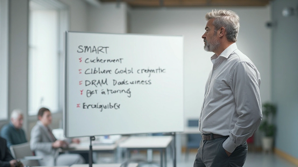 Whiteboard met SMART-framework schema en doelstellingen geschetst met gekleurde markers