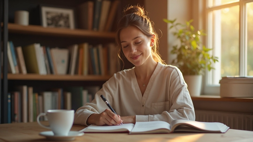 Persoon schrijft doelen op in een persoonlijk groeijournal met positieve affirmaties