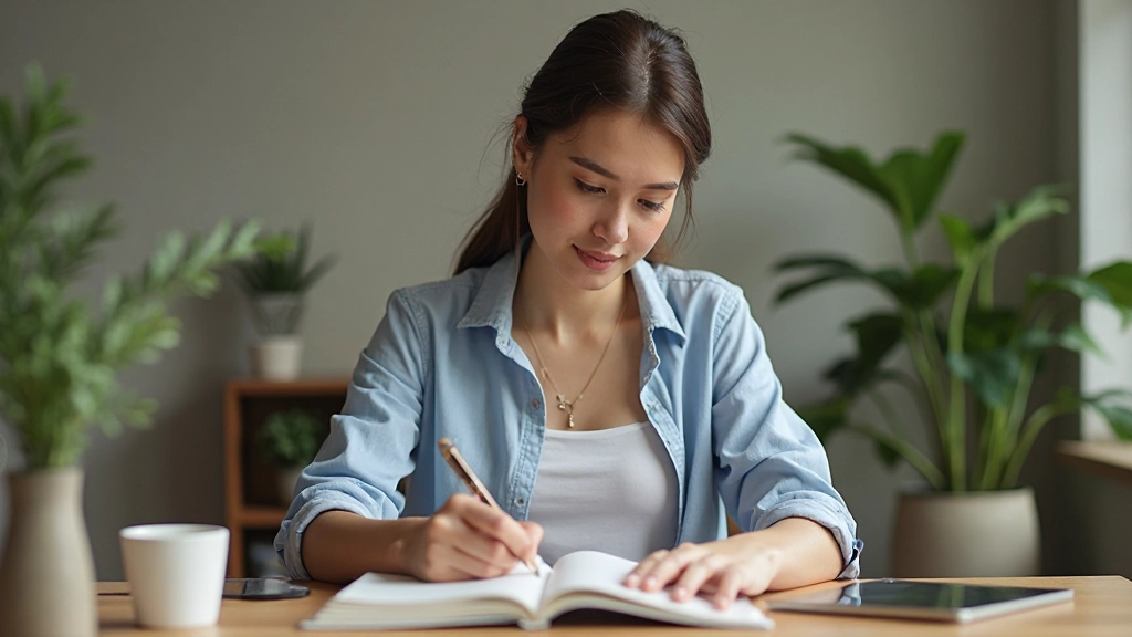 Persoon schrijft doelstellingen op in notitieboek met planningskalender op achtergrond